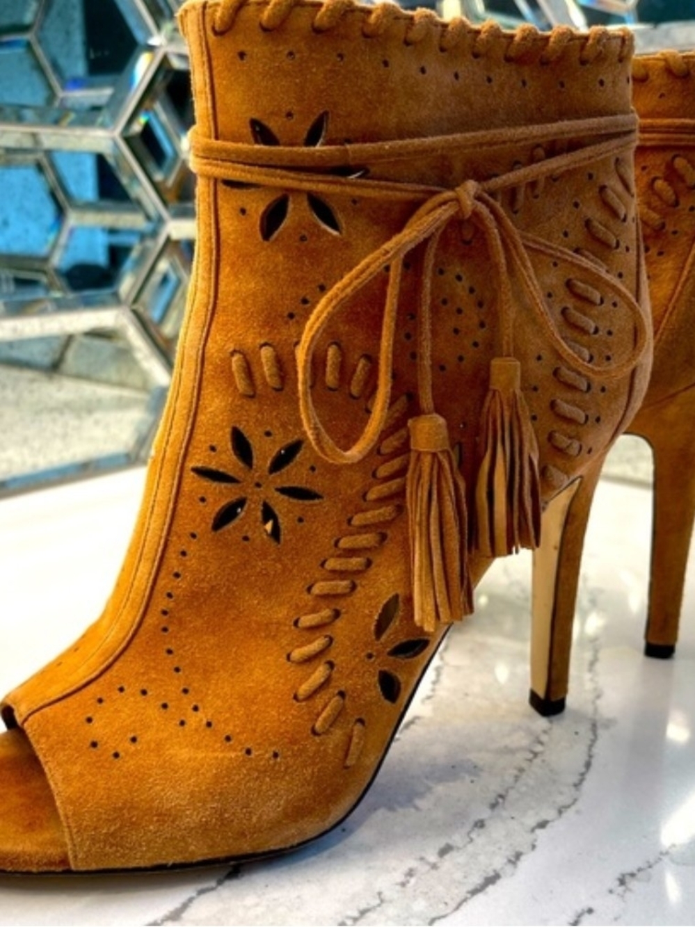 Open Toe - Suede Tassel Ankle Bootie - Size 8.5